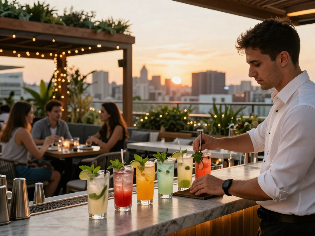 Enjoying the best chuflay cocktail near me at a trendy rooftop bar with scenic views.