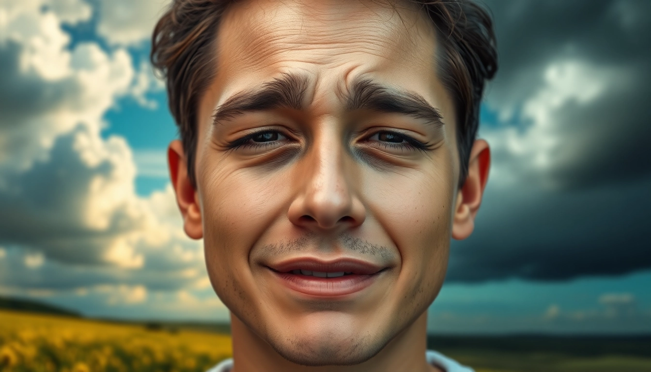 Illustration of lability definition with a person expressing joy and sadness in a serene landscape.