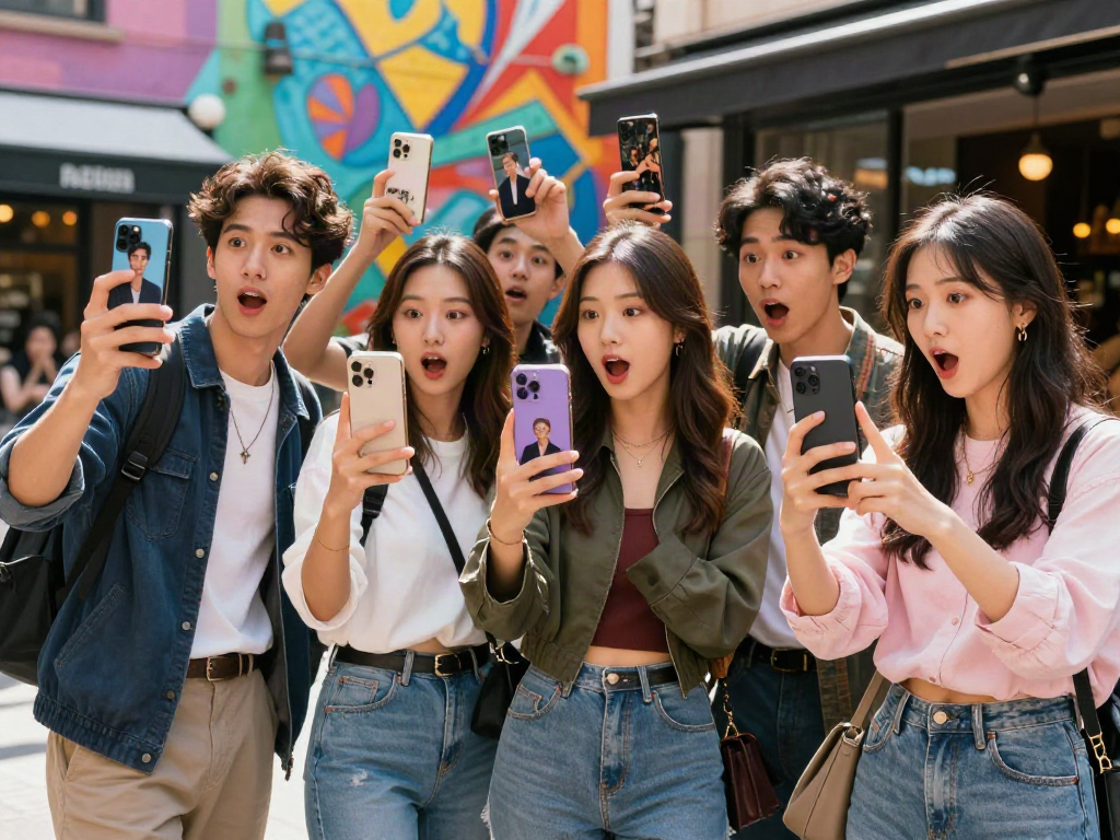 Group of friends excitedly comparing which celebrities look alike to them in a vibrant urban setting