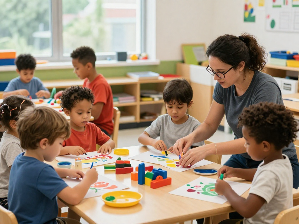 Children exploring the Reggio Emilia Approach in a vibrant preschool classroom, engaging in creative learning activities.