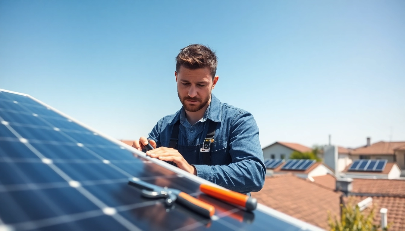 Technician performing solar system repair on solar panels under blue skies.