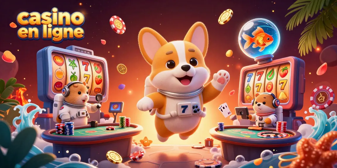 Profitez du casino en ligne avec un corgi astronaute flottant entouré de jetons et cartes de jeux.