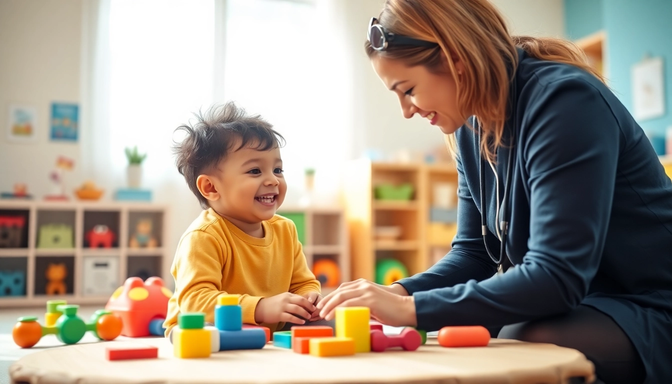 Engaging ABA therapy near me session with a joyful therapist and child in a bright setting.