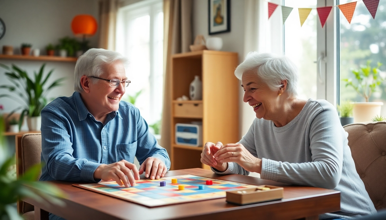 Actieve senioren betrokken bij spelletjes op https://www.handigvoorsenioren.nl/ met een blije sfeer.
