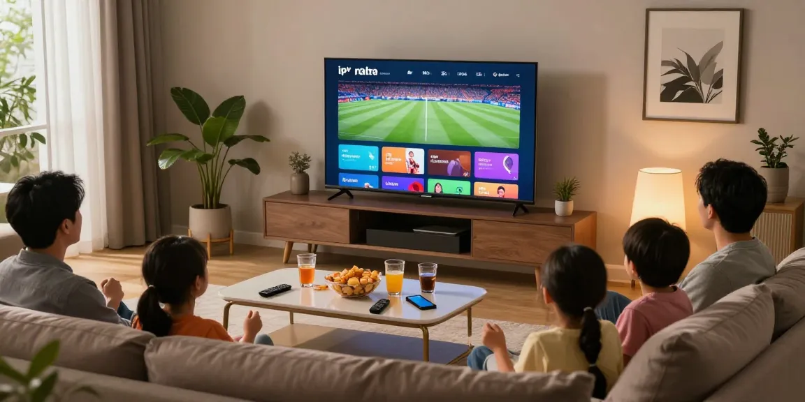 Family enjoying digitaline iptv streaming on a smart TV in a cozy living room.