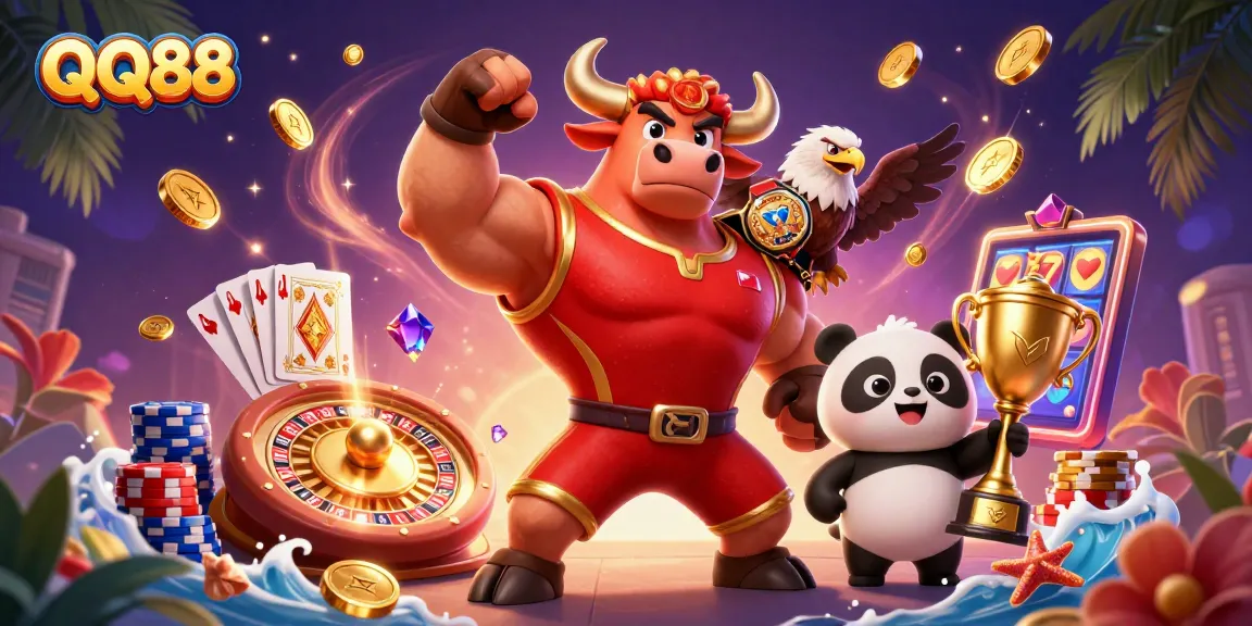 Experience QQ88's thrilling gaming scene with a victorious bull, eagle, and trophy panda amidst rich casino elements.