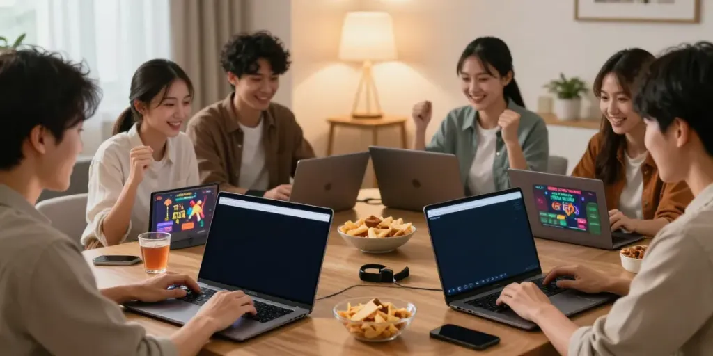 Users enjoying harga toto games on multiple devices in a cozy living room.