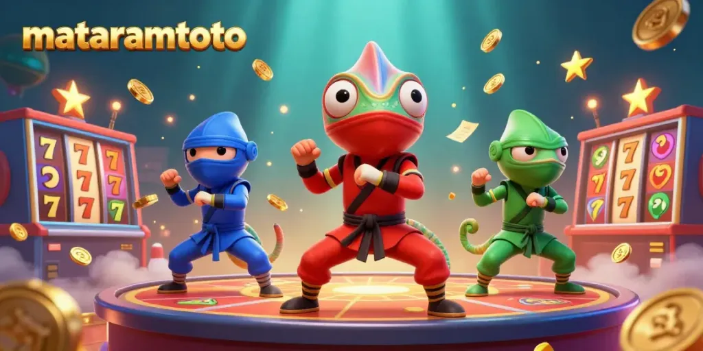 Immerse in the vibrant action at MATARAMTOTO as chameleons celebrate big wins with dynamic slot reels and golden coins.