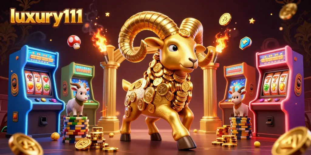 Engage with luxury111 as golden ram charges through a casino scene filled with games.