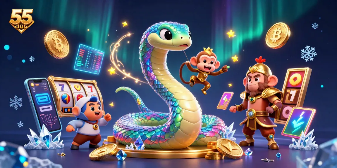 Engage with the dynamic 55 club visuals, highlighting interactive slots and cryptocurrency elements.