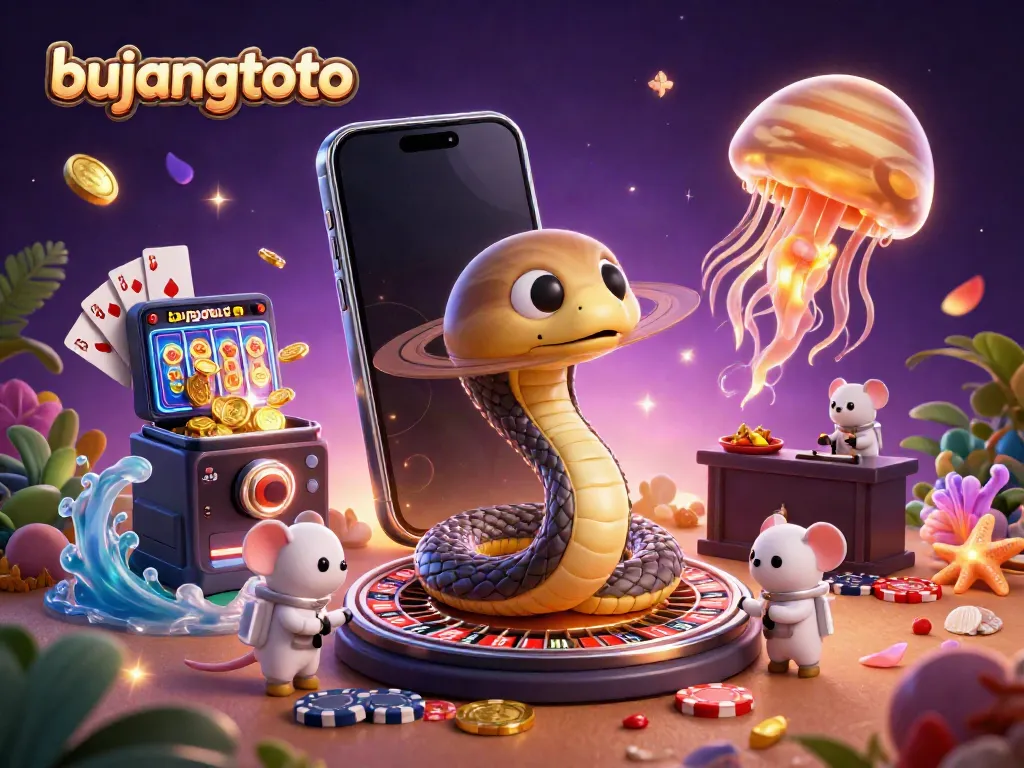 Engage with bujangtoto's vibrant atmosphere featuring animated characters in a cosmic casino setting.