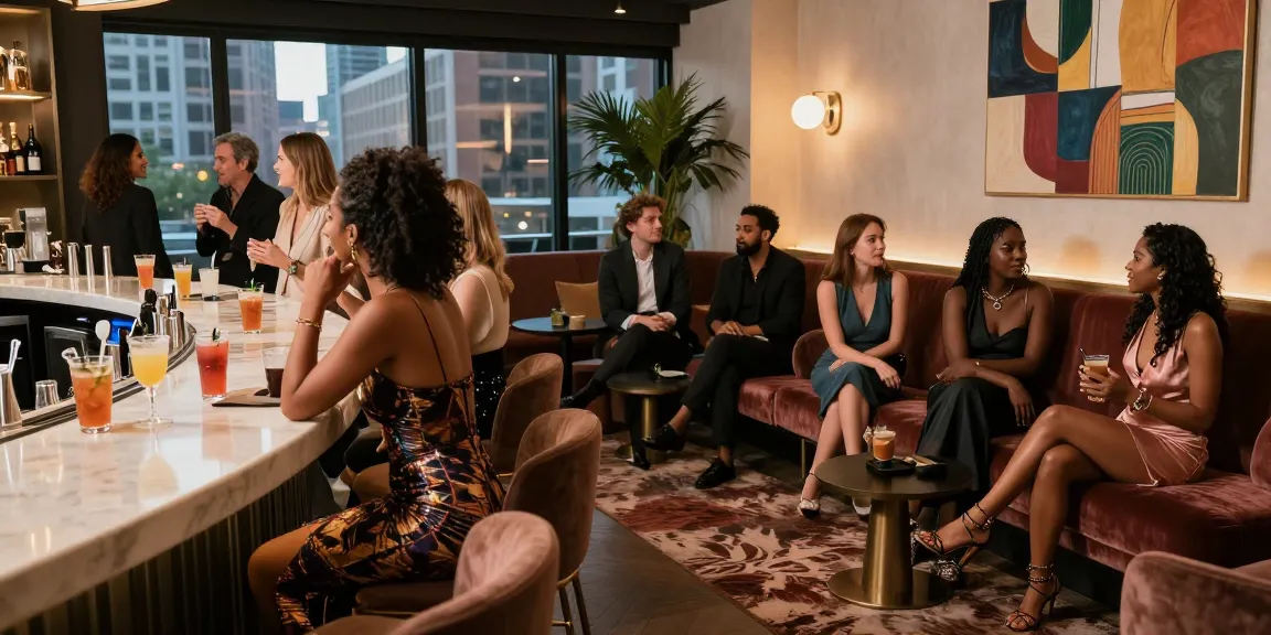 Cityescorthub community lounge with diverse escorts, intimate atmosphere, stylish urban setting