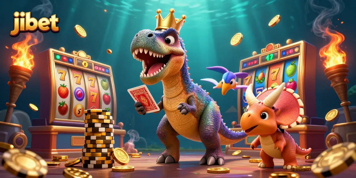 Win big with jibet as a T-Rex shuffles cards while assisting characters stack chips, vibrant casino scene