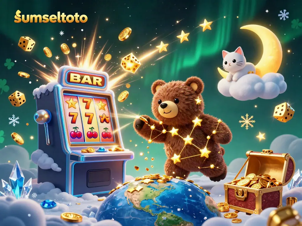 Engage with SUMSELTOTO's vibrant universe as the golden constellation bear collects coins amidst a lively casino scene.
