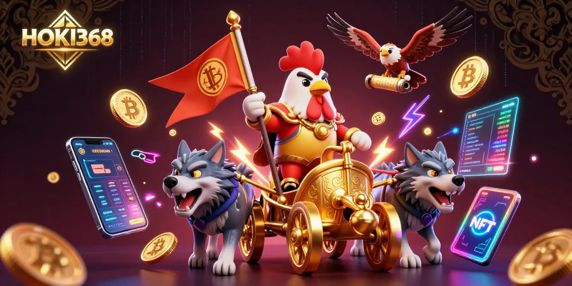 Experience the energy of gambling with HOKI368 featuring a rooster warlord in a dynamic 3D casino scene.