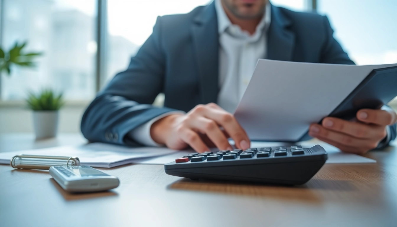 Calculate your savings with the refinance home loan calculator shown in a professional office setting.