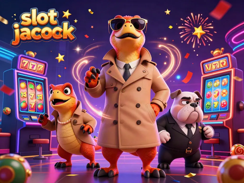 Three cartoon raptors attempt to enter a VIP casino, showcasing vibrant slot jackpot elements.