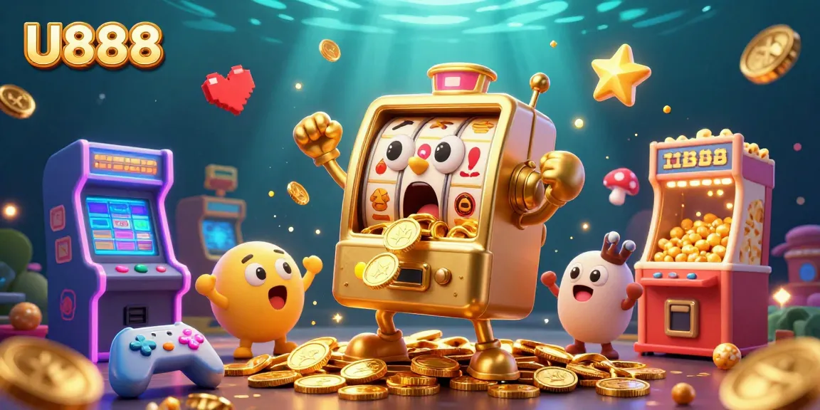 U888 slot machine celebrating a jackpot win while surrounded by cheering baby slots and arcade elements.