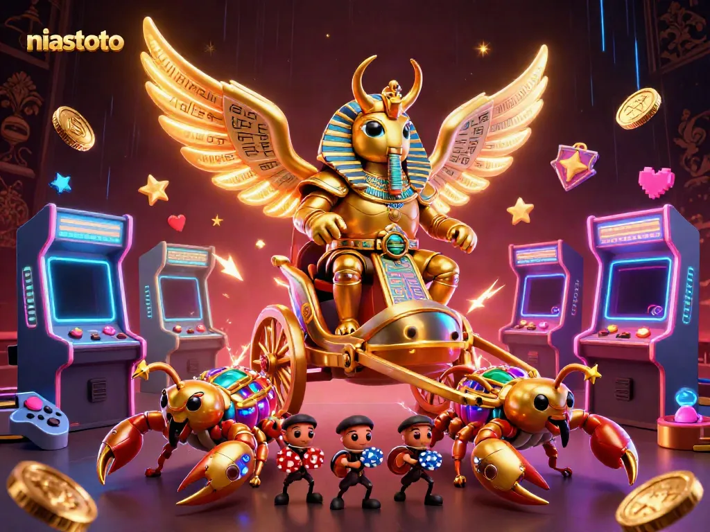 Join the adventure with niastoto featuring a golden scarab beetle and game elements in a vibrant casino scene.