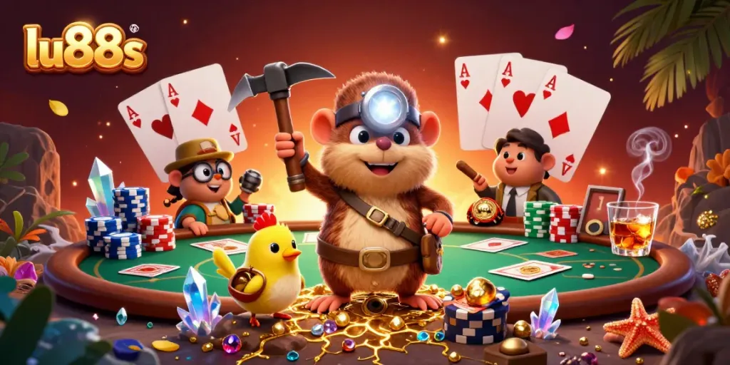 Mining treasures with lu88s: a treasure hunter mole and canary in a vibrant casino scene.