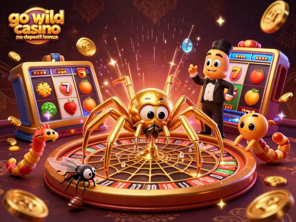 Spin and win with the go wild casino no deposit bonus featuring a golden roulette web and charming characters.