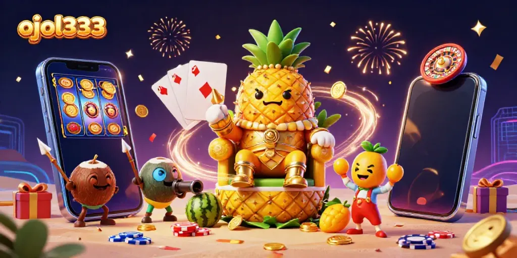 Experience thrilling gameplay with ojol333 as the pineapple king reigns over a vibrant casino scene.