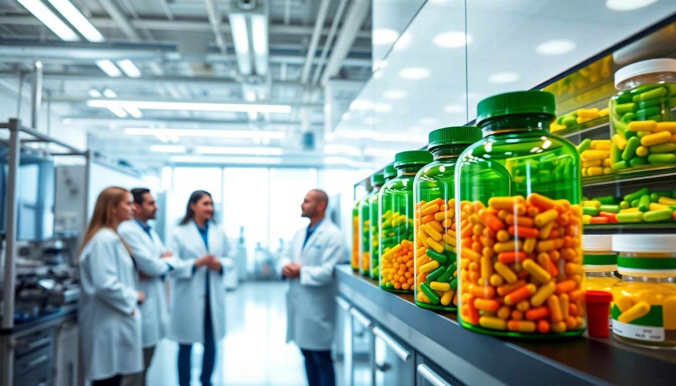 Professional supplement manufacturer team discussing formulations in modern lab setting.