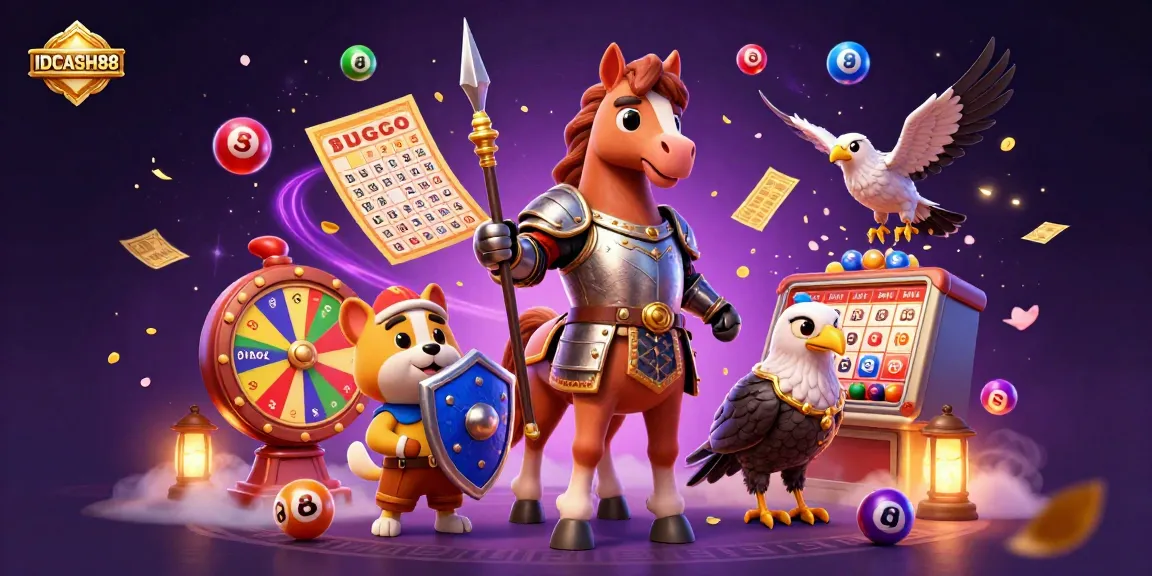IDCASH88 showcases a vibrant lottery scene with a knight, puppy, and falcon amidst dynamic gaming elements.