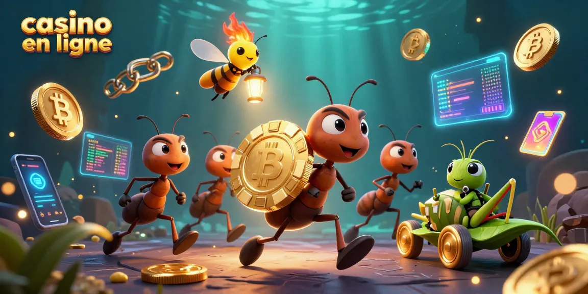 Les fourmis volent un jeton de poker en or dans un casino en ligne animé avec des éléments de crypto.