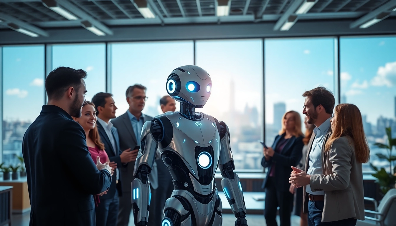 AI Bots engaging with professionals in a modern office environment.