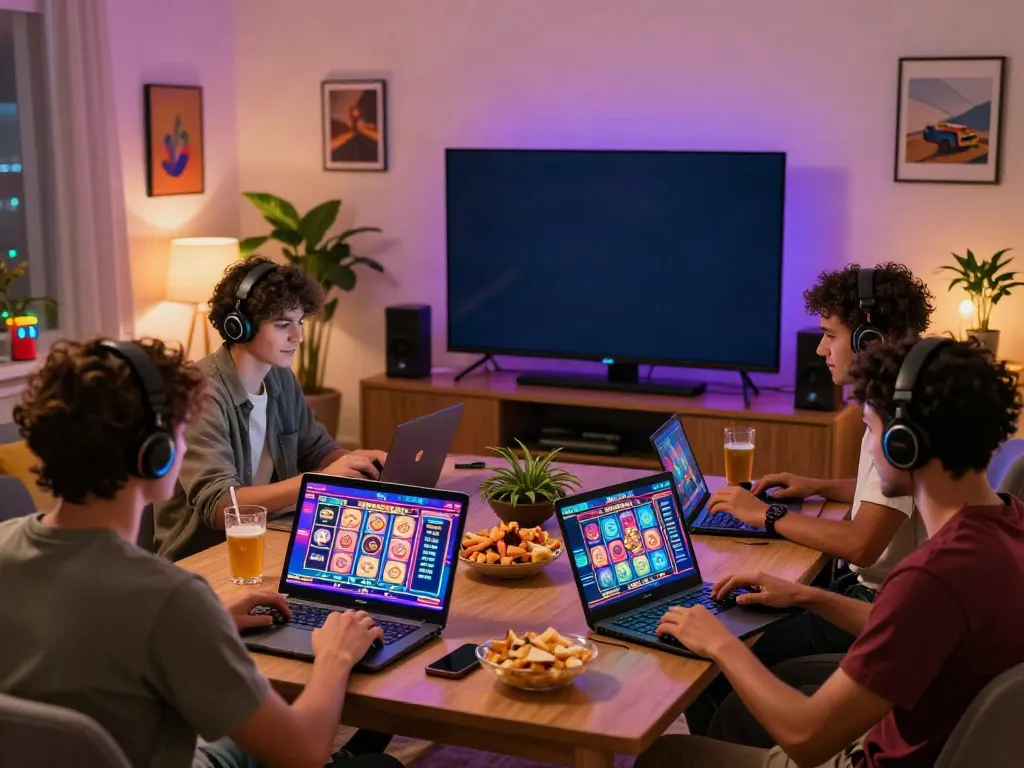 Exciting slot gacor gaming atmosphere with diverse players enjoying online slots in a cozy setting.