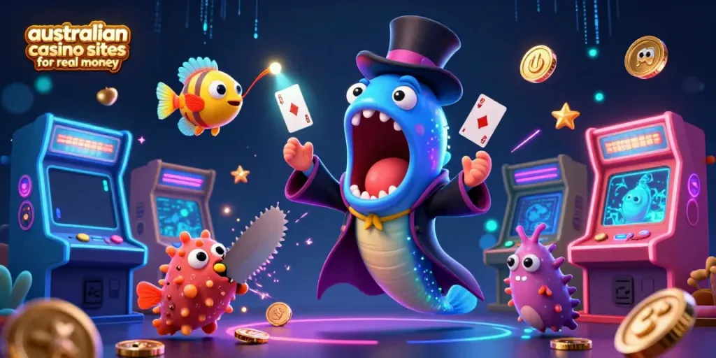 Engaging illustration of a bioluminescent gulper eel performing tricks at australian casino sites for real money, showcasing vibrant elements.