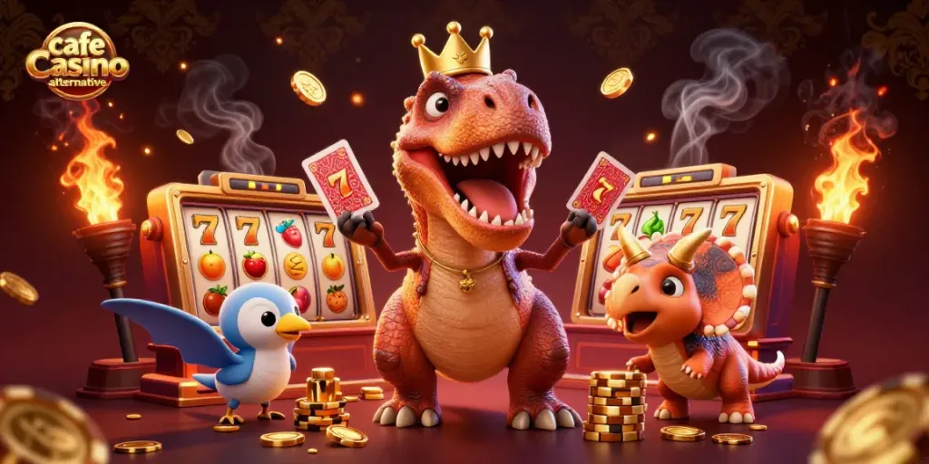 Savor the fun with a 3D scene showcasing a friendly T-Rex and friends engaging in casino games, promoting cafe casino alternative.