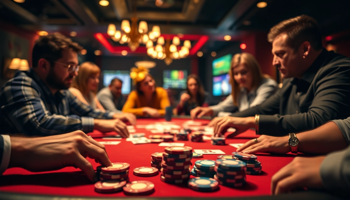 Arahtogel memikat dalam suasana kasino dengan pemain poker penuh semangat.
