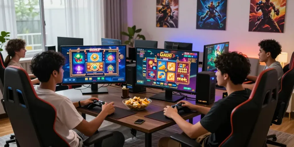 Friends enjoying slot gacor games together in a lively home gaming environment.