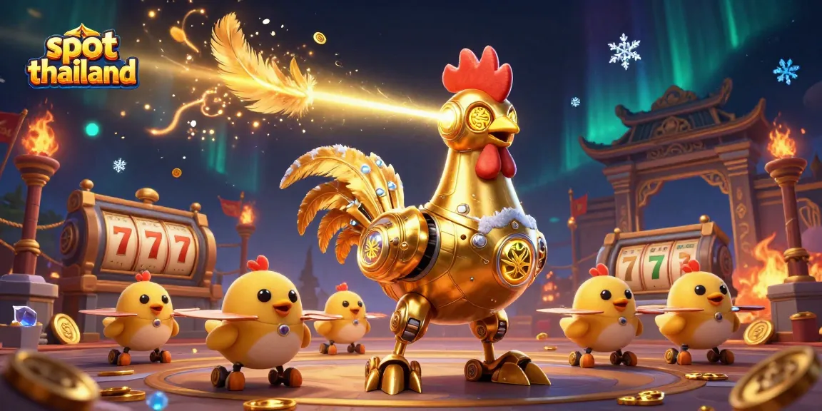Experience the excitement of slot thailand with vibrant visuals of a golden rooster robot and baby chick drones.