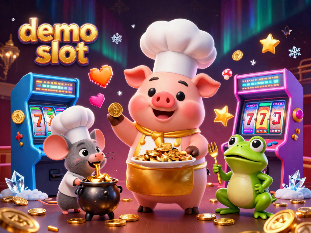 Permainan demo slot menampilkan karakter koki babi 3D dengan koin emas, tikus sous-chef, dan katak kritikus makanan.