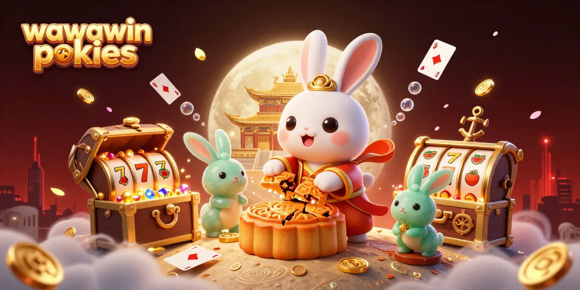Spin the reels of wawawin pokies with a cartoon moon rabbit amidst treasures and poker chips