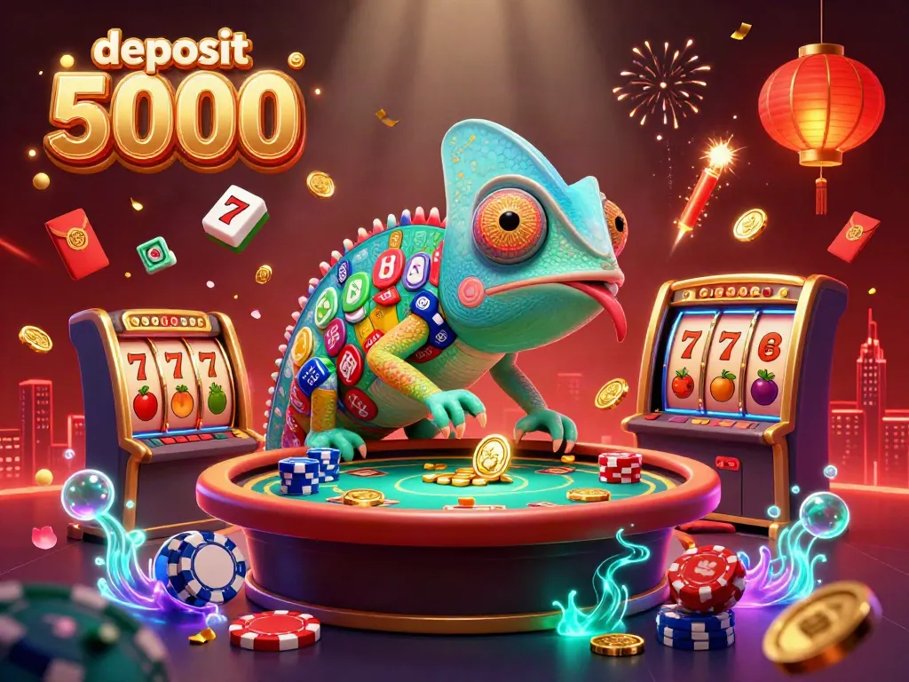 Play exciting slots at deposit 5000 casino with vibrant chameleon character and golden coins spilling everywhere.
