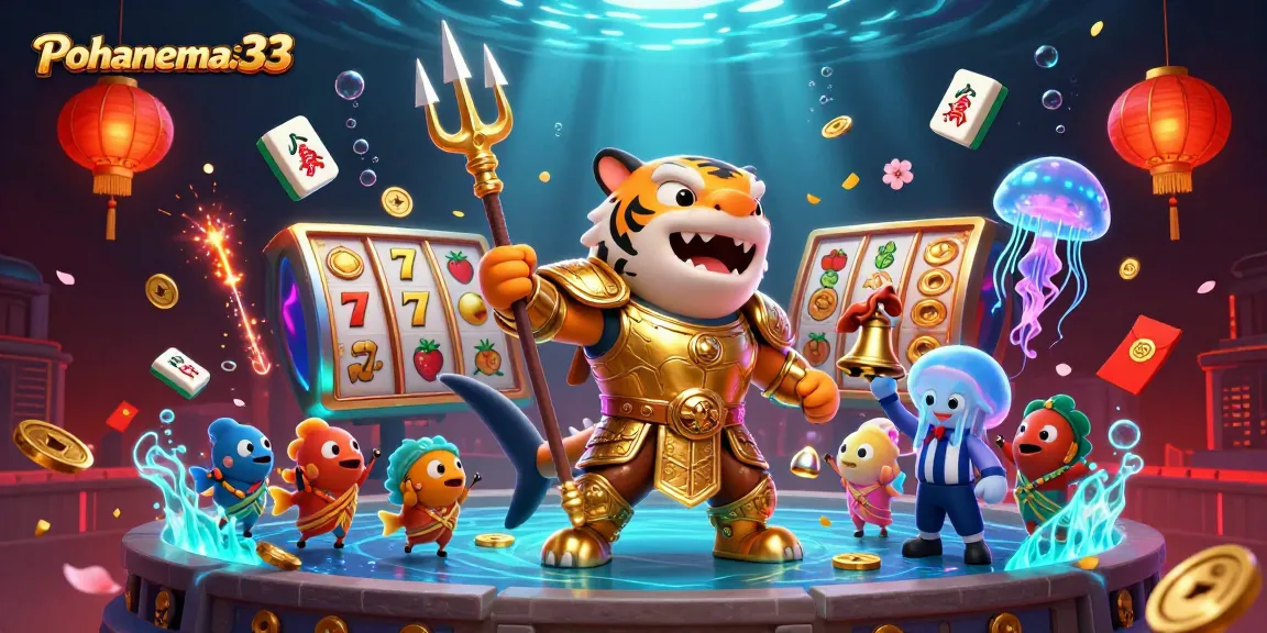 Pohonemas33 showcases vibrant underwater casino action with a tiger shark trident warrior amidst slot reels and glowing elements.
