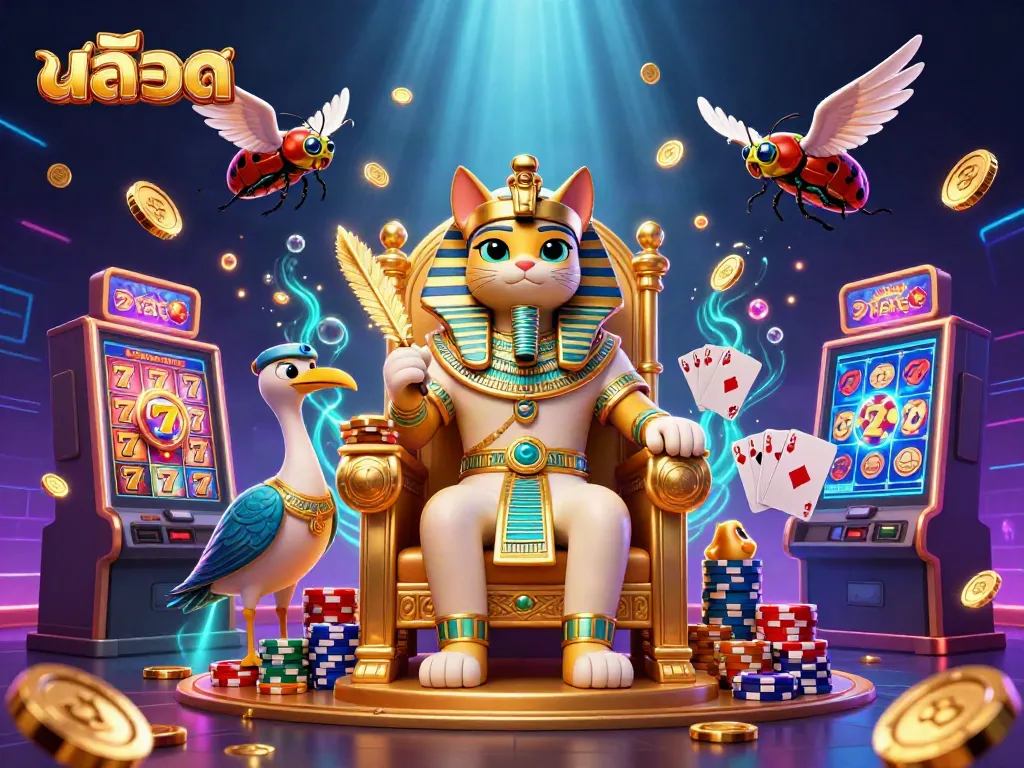 Experience exciting สล็อต action with a pharaoh cat, gems, and slot machines in this vibrant casino scene.