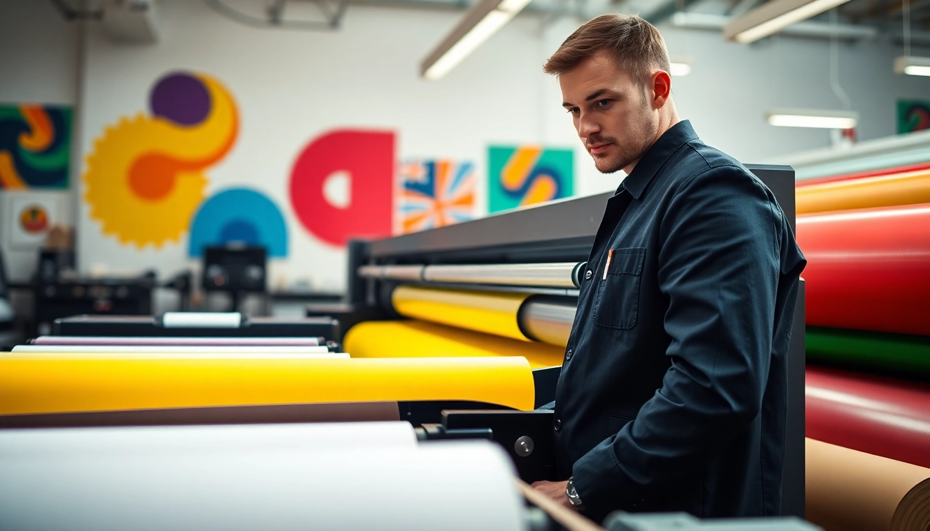 Showcasing a skilled technician at a custom print shop Edmonton with vibrant printing materials.