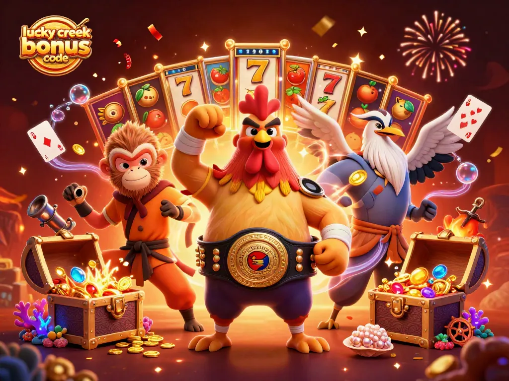 Experience the excitement of the lucky creek bonus code and slot games with vivid characters and gold coins.