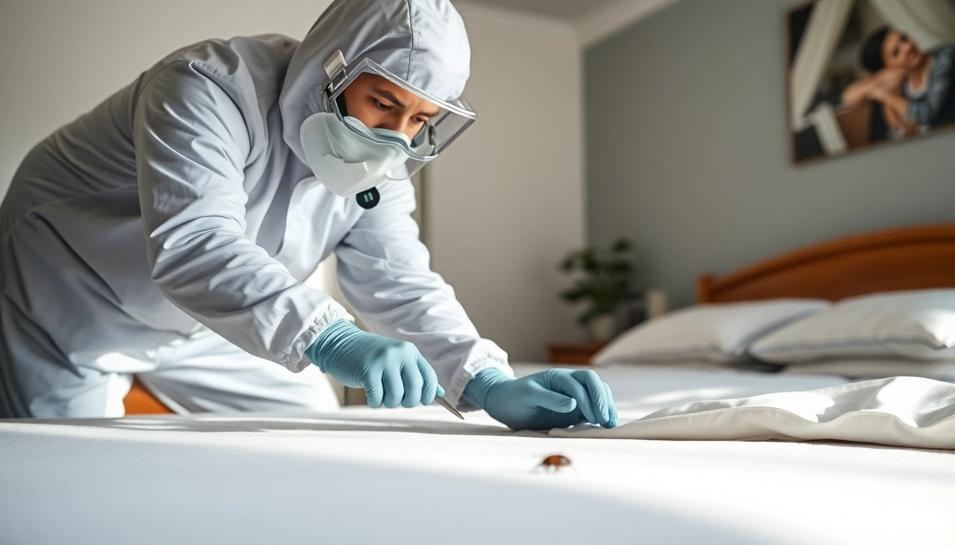 Effective bed bug pest control demonstrated by an exterminator inspecting a mattress in a clean bedroom.