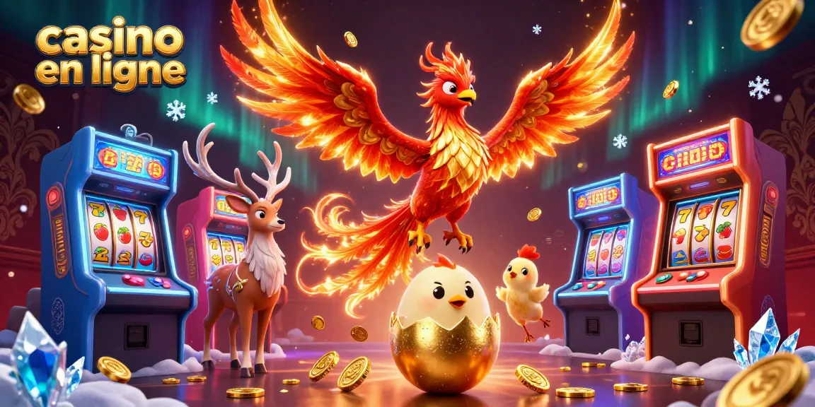 Jouez au casino en ligne avec une illustration haute en couleurs d’un phoenix de feu et des machines à sous dynamiques.