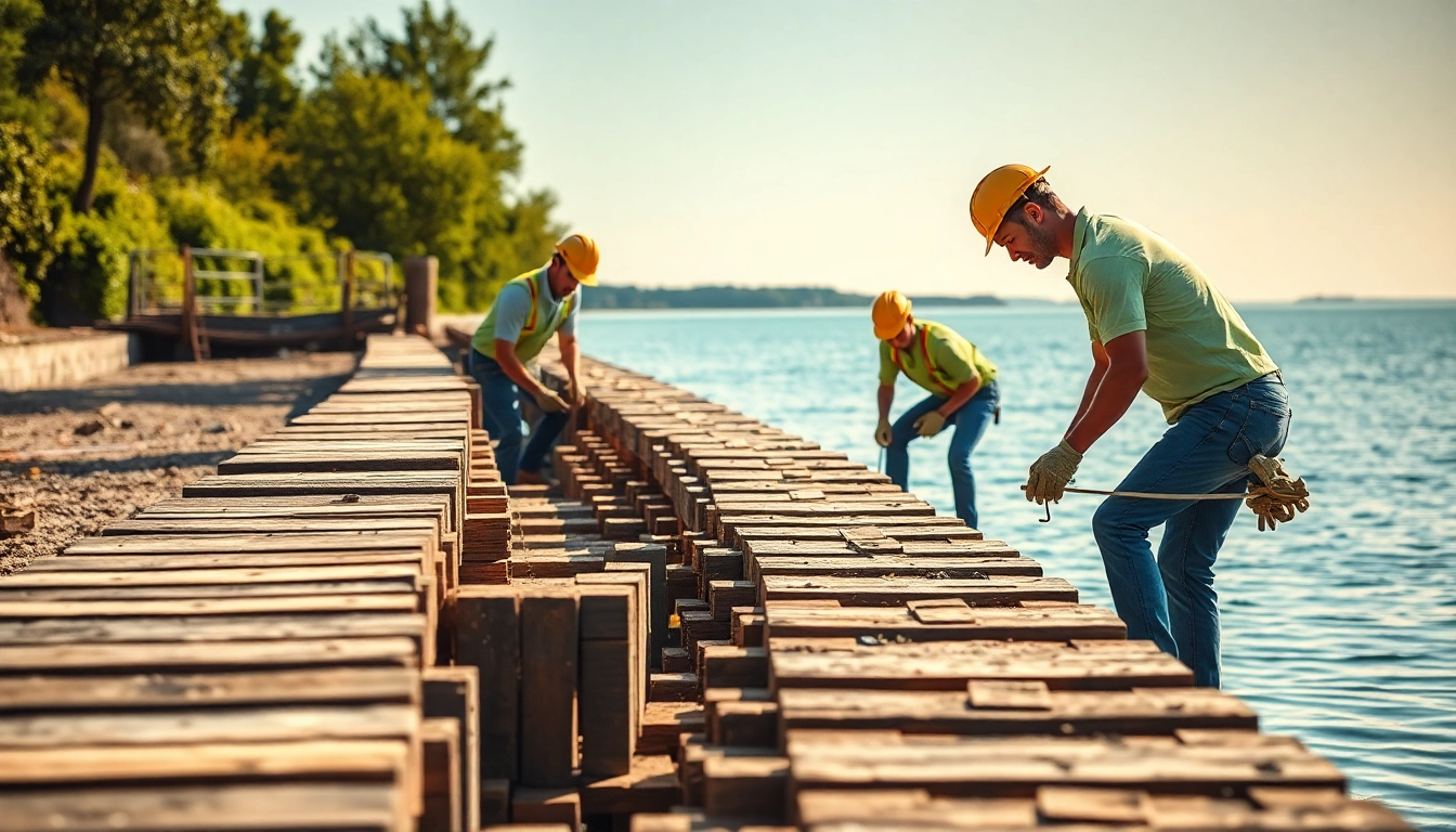 Skilled bulkhead builders near me constructing a robust waterfront structure with a scenic backdrop.