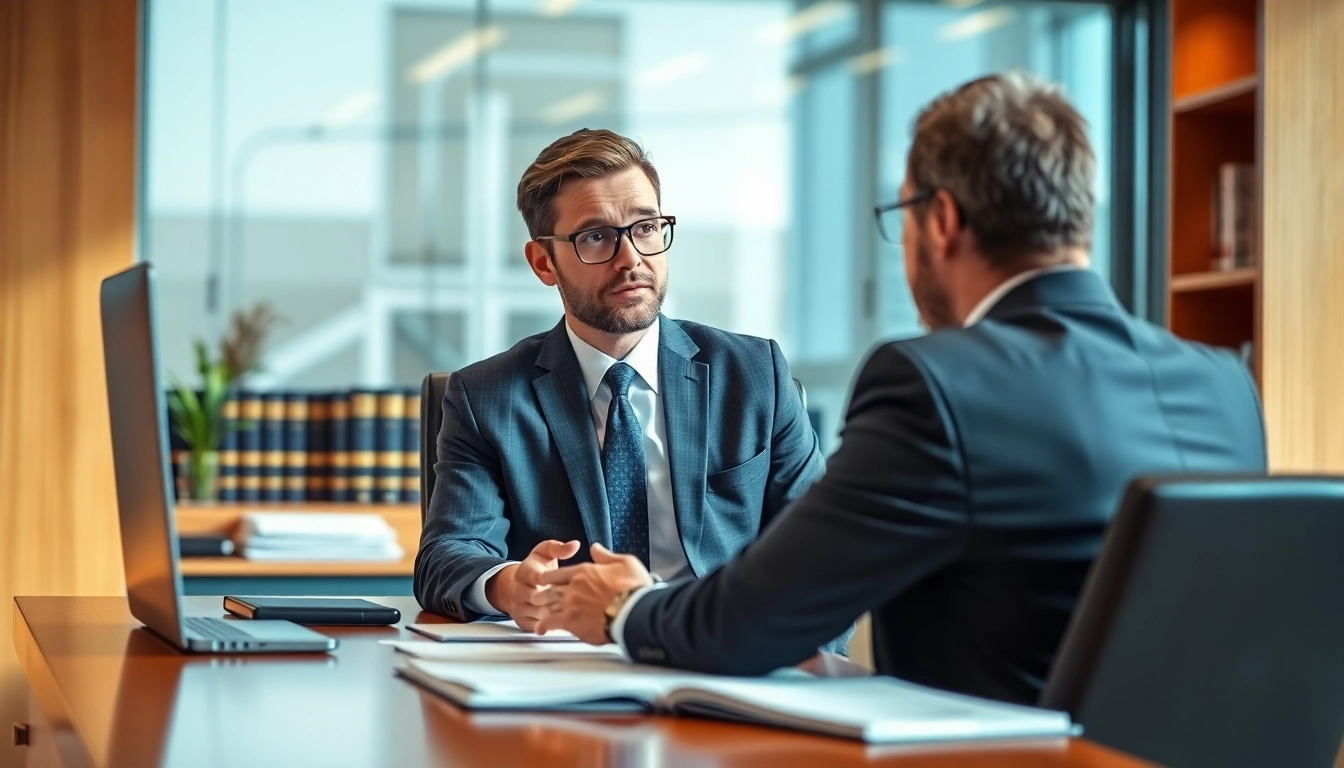 Confident Alpharetta Personal Injury Lawyer consulting with a client in a modern office setting.