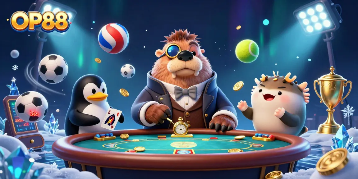 Experience thrilling poker action at OP88 with a jolly walrus, penguin dealer, and pufferfish player.