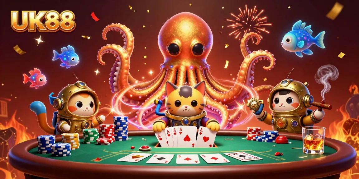 Engage in thrilling poker action with UK88, featuring a kraken and a diving cat amidst colorful chips.