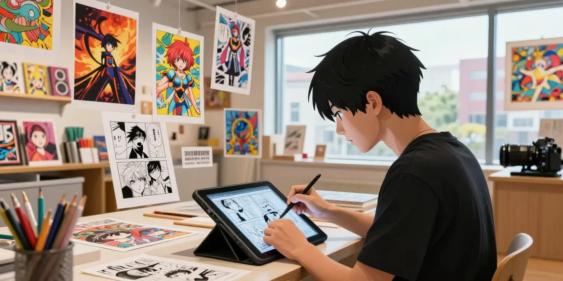 Anime artist illustrating on a tablet, showcasing creative manga elements at doujinhentai-th.com